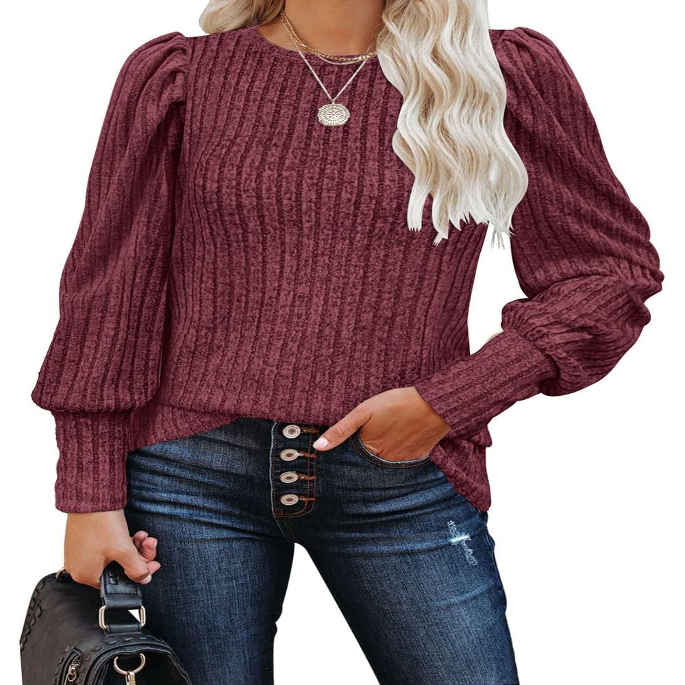 MIHOLL Women 2025 Christmas Ribbed Knit Shirts Crew Neck Long Sleeve Fall Winter Tops Blouses(Wine Red, large)