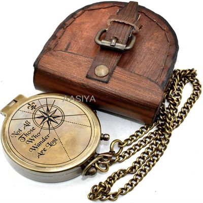 AASIYA Not All Those Who Wander are Lost Brass Gift Engraved Compass with Leather case, Graduation Day Baptism Communion Confirmation Day Motivational LOTR J.R.R. Tolkien