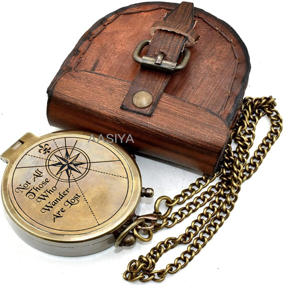 AASIYA Not All Those Who Wander are Lost Brass Gift Engraved Compass with Leather case, Graduation Day Baptism Communion Confirmation Day Motivational LOTR J.R.R. Tolkien