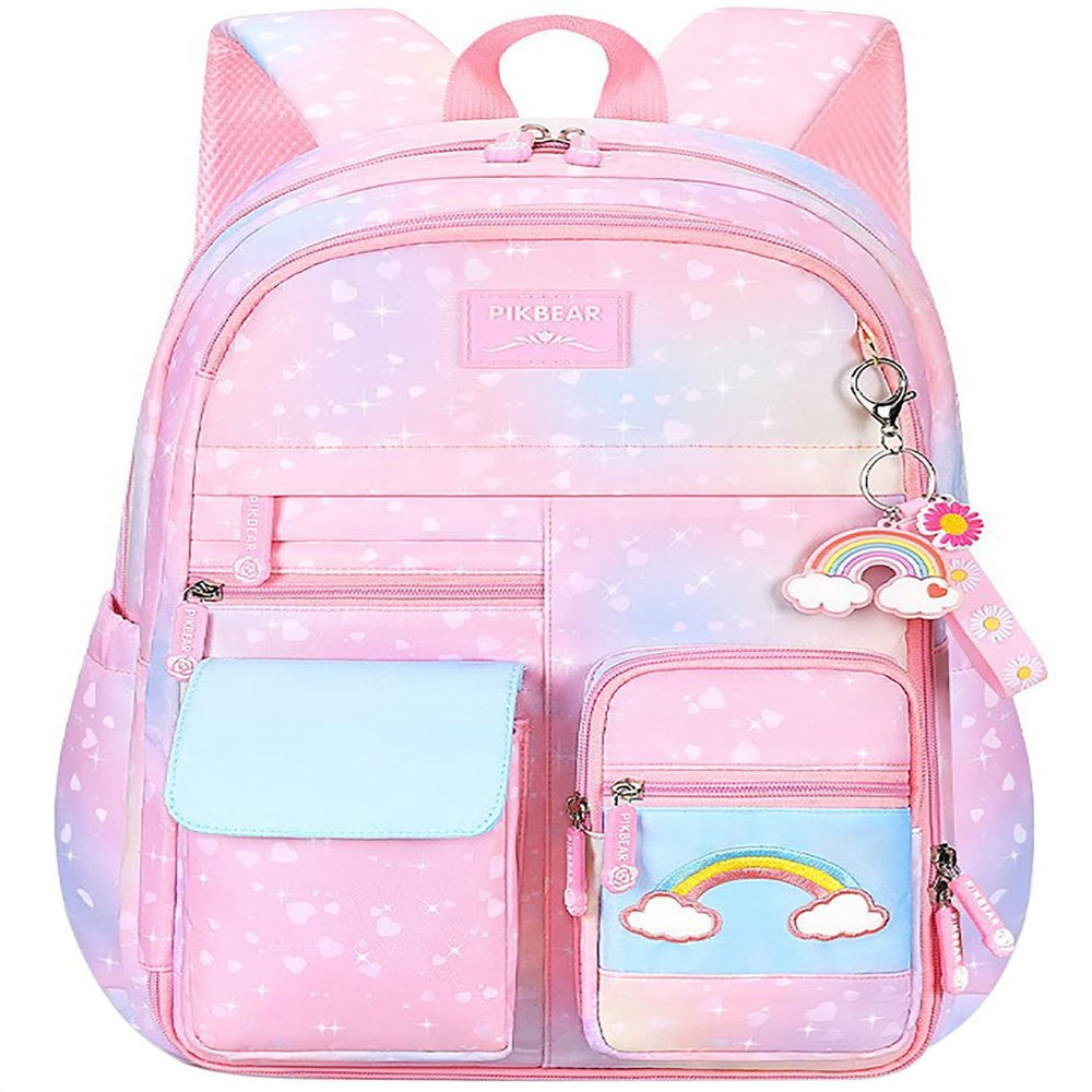MCWTH School Backpack for Girls, Lightweight Waterproof Cute Rainbow School Bookbag for Teen Kids Students Elementary (Rainbow Pink) Large