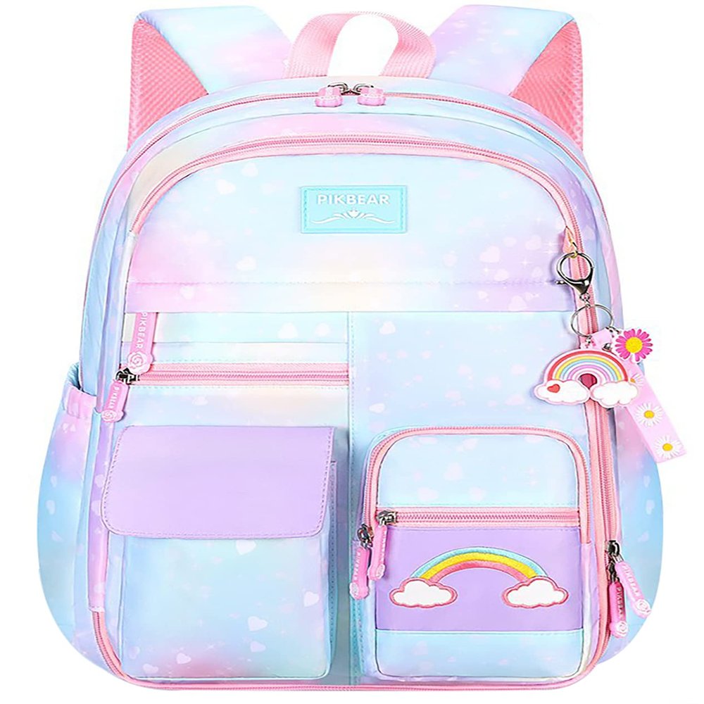 MCWTH School Backpack for Girls, Lightweight Waterproof Cute Rainbow School Bookbag for Teen Kids Students Elementary (Rainbow Blue)