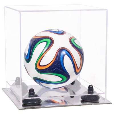 Better Display Cases Acrylic Mini - Miniature (not Full Size) Soccer Ball Display Case with Clear Case, Black Risers and Mirror Base (B03/A015)