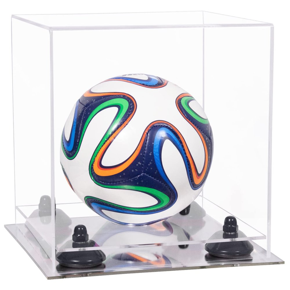 Better Display Cases Acrylic Mini - Miniature (not Full Size) Soccer Ball Display Case with Clear Case, Black Risers and Mirror Base (B03/A015)