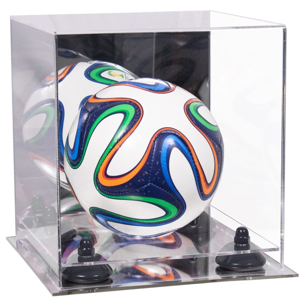 Better Display Cases Acrylic Mini - Miniature (not Full Size) Soccer Ball Display Case with Mirror Case, Black Risers and Mirror Base (B03/A015)