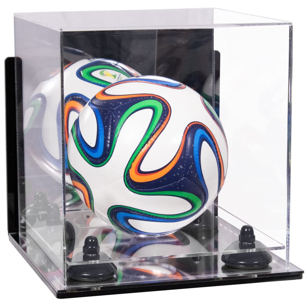 Better Display Cases Acrylic Mini - Miniature (not Full Size) Soccer Ball Display Case with Mirror Case, Black Risers, Wall Mount and Mirror Base (B03/A015)