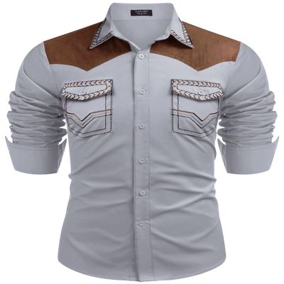 COOFANDY Mens Shirt Western Cowboy Embroidered Long Sleeve Slim Fit Casual Cotton Button Down Hippie with Pockets, Grey, XX-Large, Long Sleeve