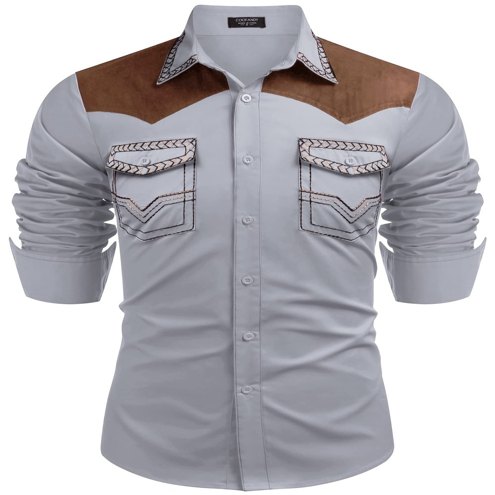 COOFANDY Mens Shirt Western Cowboy Embroidered Long Sleeve Slim Fit Casual Cotton Button Down Hippie with Pockets, Grey, XX-Large, Long Sleeve