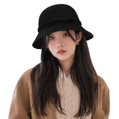 Women Wool Bowler Hat Warm Cloche Bucket Vintage Church Bucket Round Felt Hat with Bowknot Ladies Elegant Headwear for Party Black