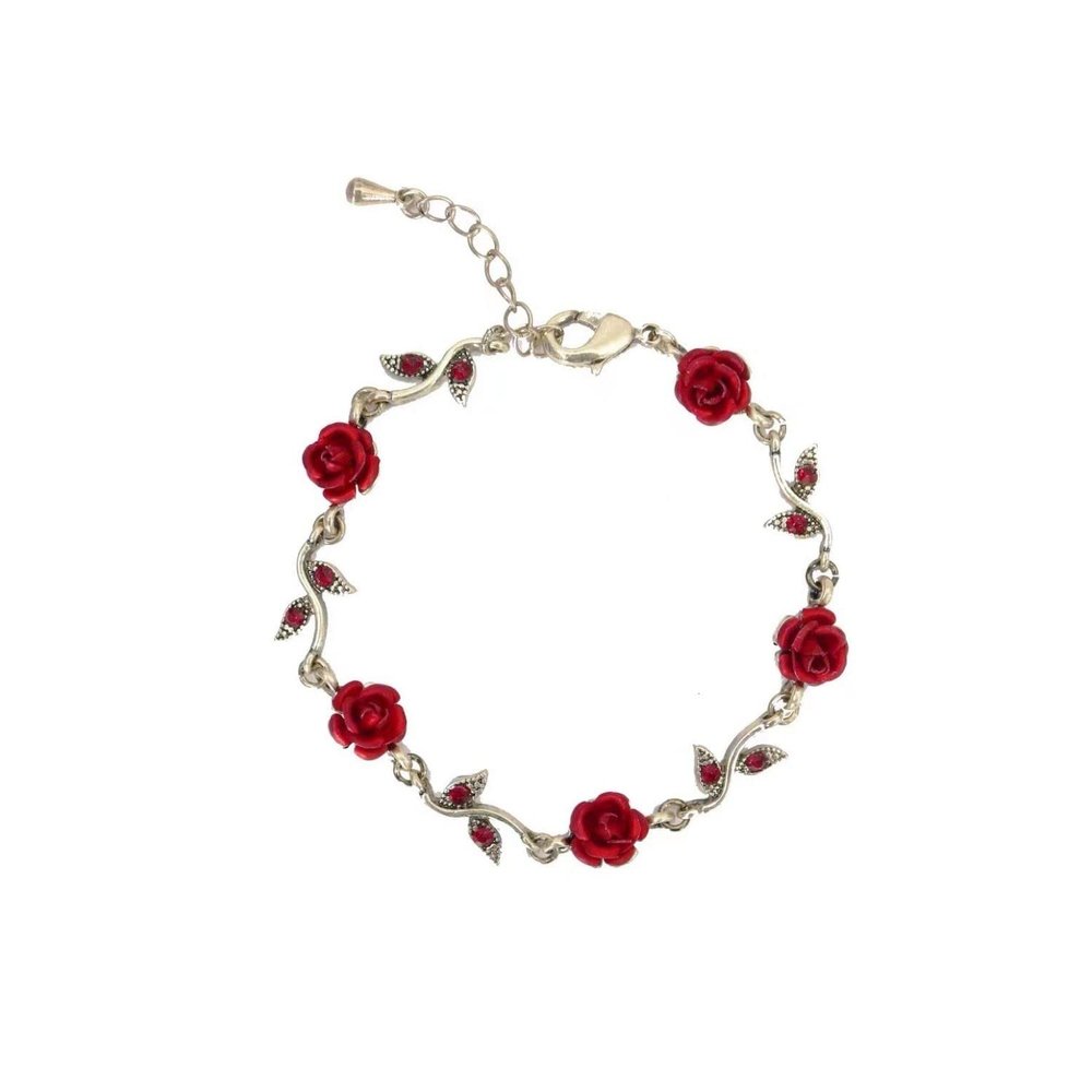 1~3Pcs Gold Plated Rose Flower Jewelry For Women Red Rose Flower Pendent Long Necklaces Dainty Rose Flower Dangle Earrings Rose Bracelet(Rose Bracelet)