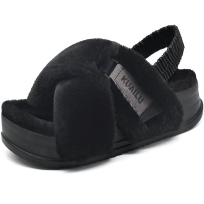 KuaiLu Womens Fuzzy Criss Cross Band Platform Slippers Back Strap Arch Support Furry Faux Fur Ladies Open Toe Slingback Slide Cozy Soft Plush Fleece Comfy House Shoes Sandals Indoor Outdoor Black 8
