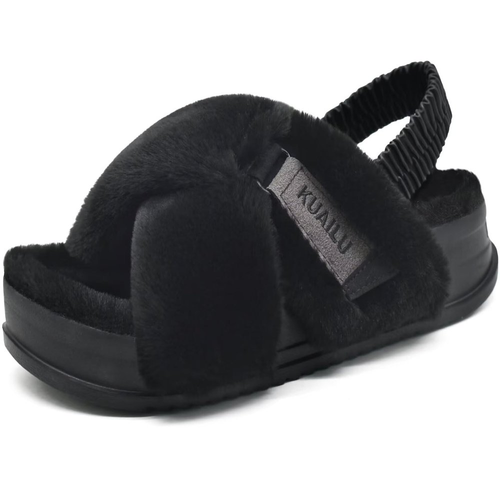KuaiLu Womens Fuzzy Criss Cross Band Platform Slippers Back Strap Arch Support Furry Faux Fur Ladies Open Toe Slingback Slide Cozy Soft Plush Fleece Comfy House Shoes Sandals Indoor Outdoor Black 8
