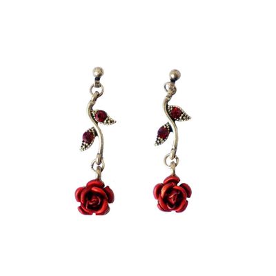 1~3Pcs Gold Plated Rose Flower Jewelry For Women Red Rose Flower Pendent Long Necklaces Dainty Rose Flower Dangle Earrings Rose Bracelet(Rose Earrings)
