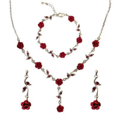 Fuqimanman2020 1~3Pcs Gold Plated Rose Flower Jewelry For Women Red Rose Flower Pendent Long Necklaces Dainty Rose Flower Dangle Earrings Rose Bracelet(3Pcs)
