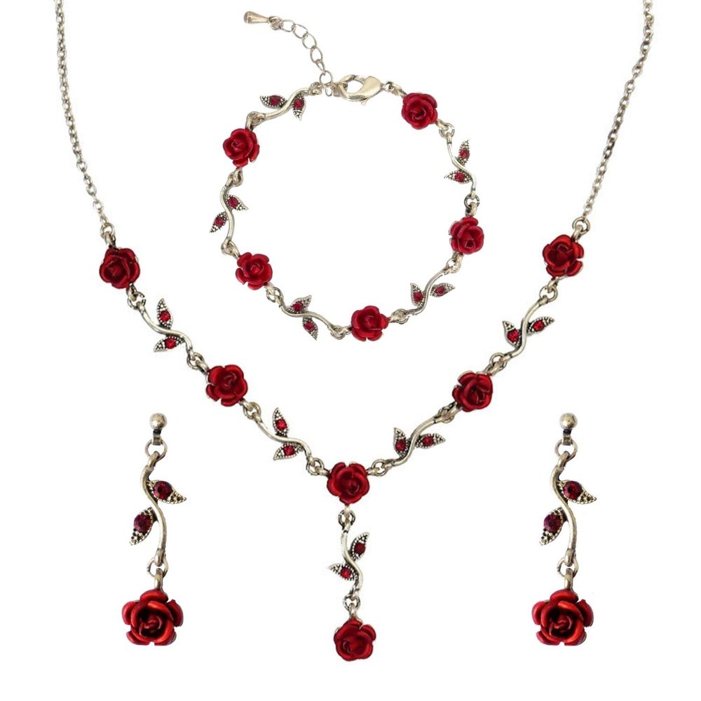 Fuqimanman2020 1~3Pcs Gold Plated Rose Flower Jewelry For Women Red Rose Flower Pendent Long Necklaces Dainty Rose Flower Dangle Earrings Rose Bracelet(3Pcs)