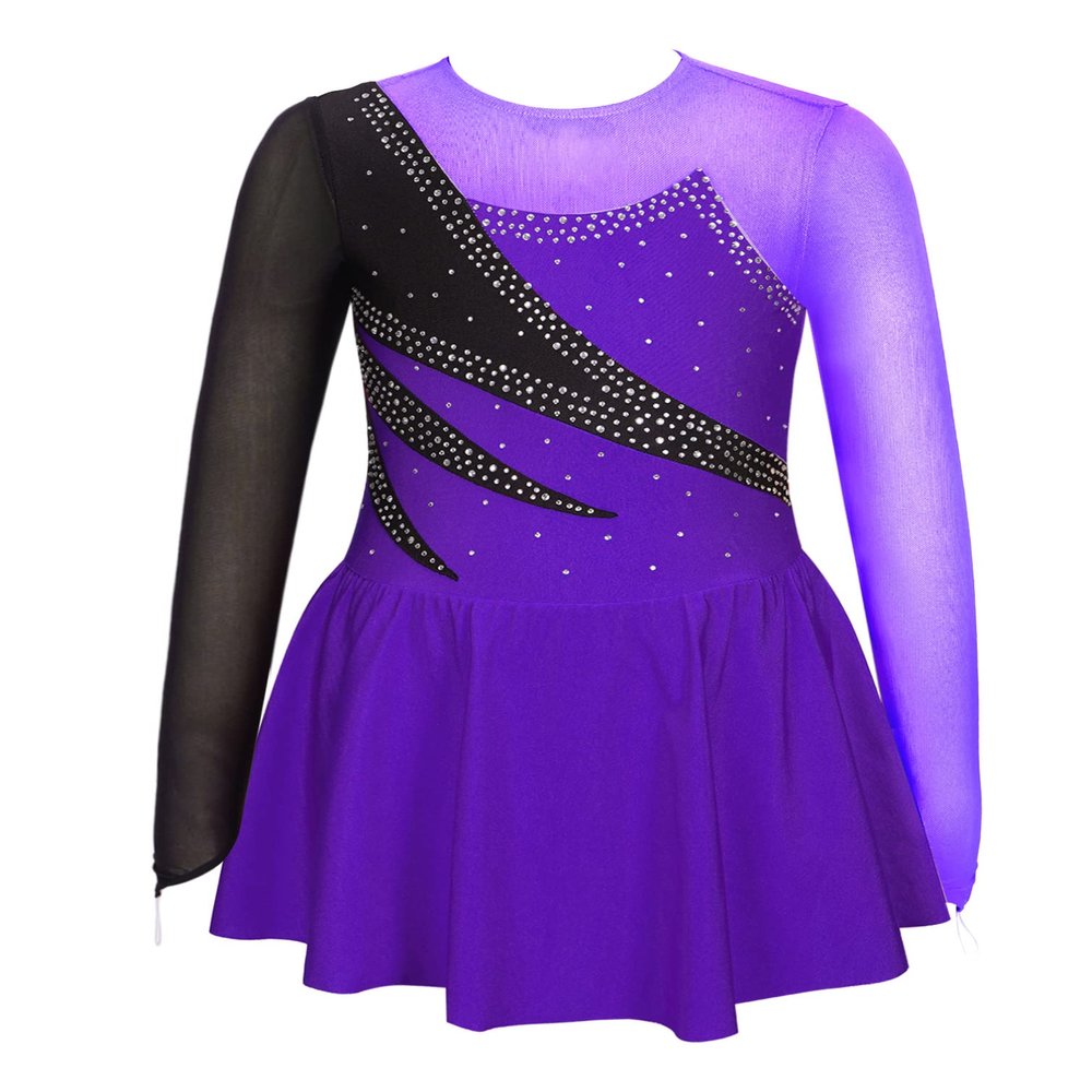 Jhaoyu Kids Girls Mesh Spliced Long Sleeve Ballet Lyrical Modern Dance Dress Figure Skating Dress Performance Costume Purple 6 Years