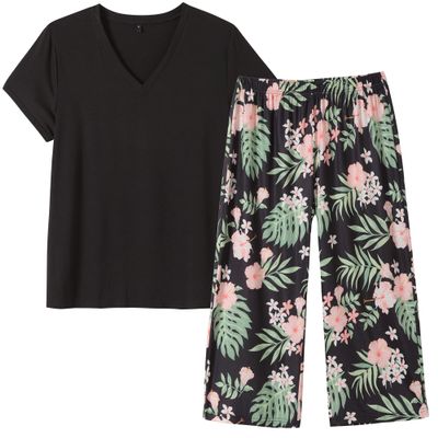 Vozanet Women's V Neck Sexy Pajama Sets Capri Sleepwear Elegant Floral Patterns Nighty Plus Size S-4XL, Black-Floral, 2X-Large