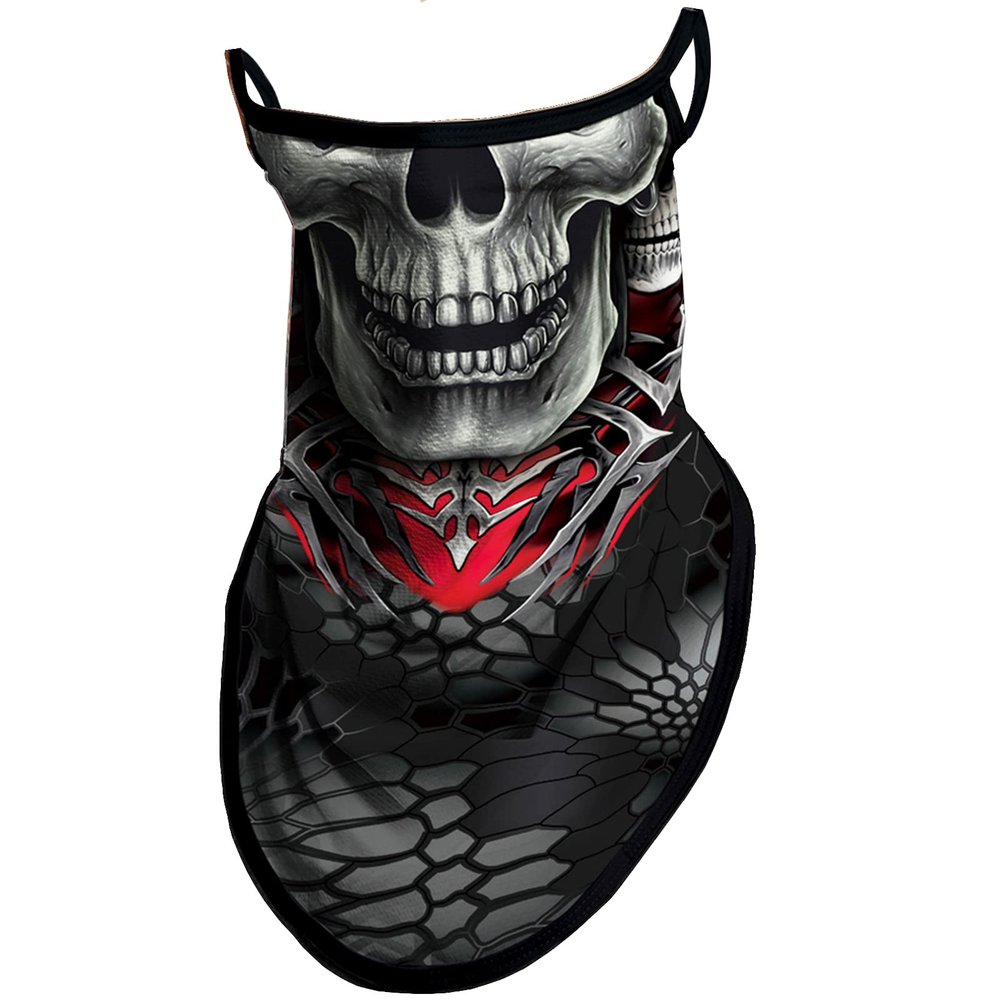 Obacle Bandana Face Mask with Ear Loops Neck Gaiter Face Mask Scarf Face Cover for Men Women (Skull Silver Face Red Neck)