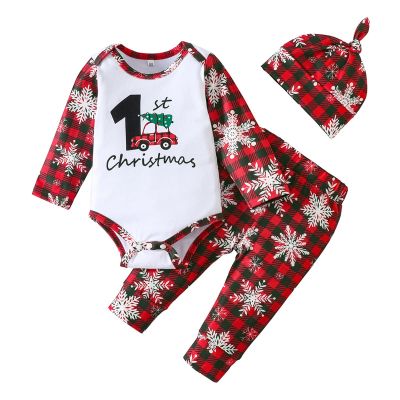 Infant Boys Girls Long Sleeve Christmas Plaid Cartoon Snowflake Printed Romper Girls Clothes Outfits (Red, 3-6 Months)