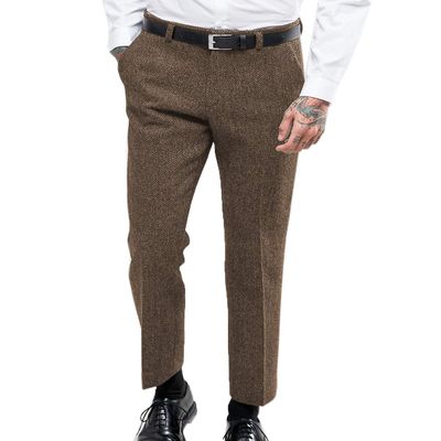 Ceehuteey Men's Retro Dress Suit Pants Thick Wool Flat Front Herringbone Tweed Trousers(Brown, 40W x 30L)