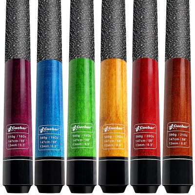 CUEBAR Pool Cues Set of 6, 58" 2-Piece Billiard Cue Sticks for Adults, Pool Sticks 18 19 20 21 Oz for House Bar, 13mm Tip, Imitation Linen Grip - Purple Blue Orange Green Red Brown