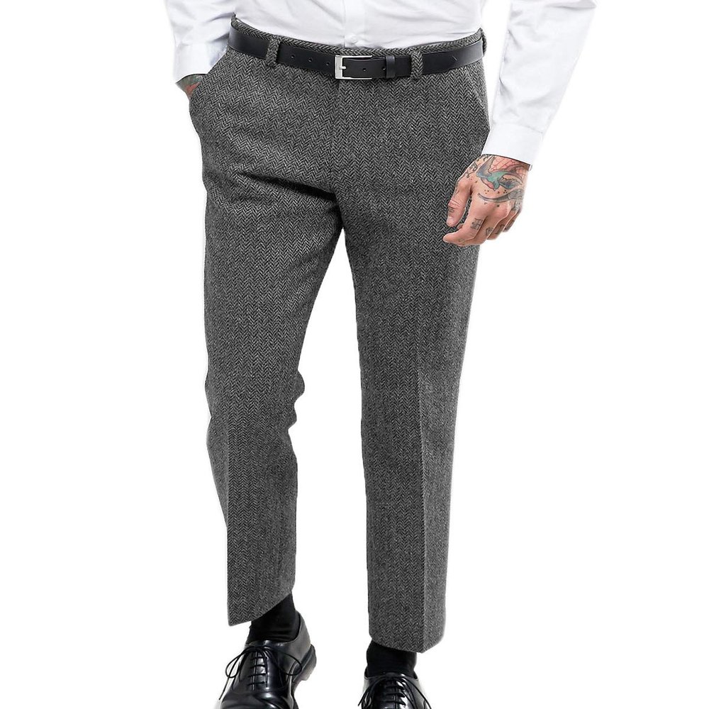 Ceehuteey Men's Retro Dress Suit Pants Thick Wool Flat Front Herringbone Tweed Trousers(Grey, 30W x 32L)