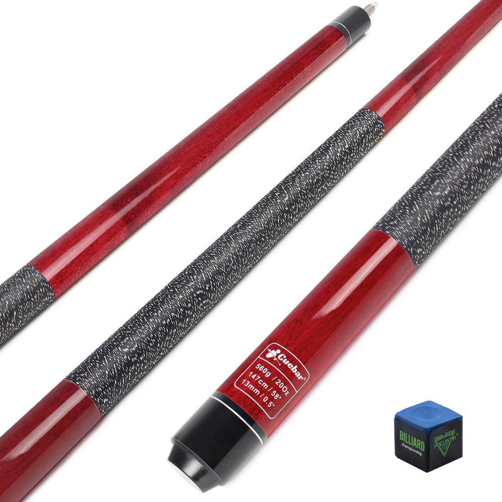 CUEBAR Red Pool Cue 20oz - 58" 2-Piece Maple Billiard Stick with 13mm Tip & Linen Grip - Balanced Weight for Optimal Control in 8-Ball & 9-Ball