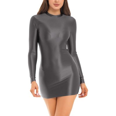 YiZYiF Women's Long Sleeve Bodycon Tight Pencil Dress Oil Glossy Sheer Micro Mini Dress Clubwear Dark_Gray X-Large
