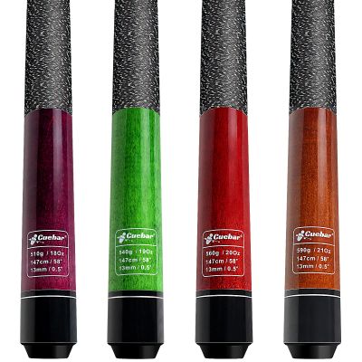 CUEBAR Pool Cues Set of 4, 58" 2-Piece Pool Sticks for Adults, 4 Billiard Cue Sticks 18 19 20 21 Oz for House Bar, 13mm Tip, Imitation Linen Grip - Purple Red Green Brown