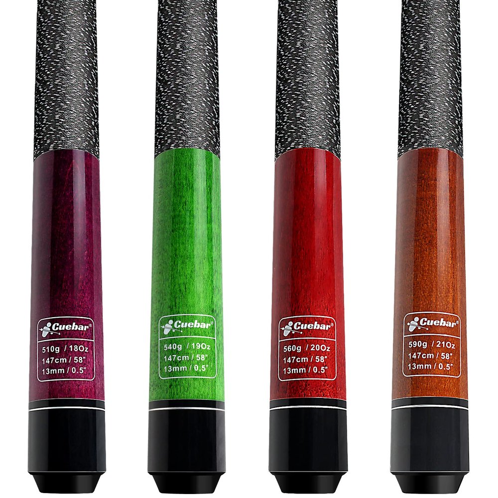 CUEBAR Pool Cues Set of 4, 58" 2-Piece Pool Sticks for Adults, 4 Billiard Cue Sticks 18 19 20 21 Oz for House Bar, 13mm Tip, Imitation Linen Grip - Purple Red Green Brown