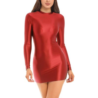 YiZYiF Women's Long Sleeve Bodycon Tight Pencil Dress Oil Glossy Sheer Micro Mini Dress Clubwear Burgundy Medium