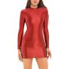 YiZYiF Women's Long Sleeve Bodycon Tight Pencil Dress Oil Glossy Sheer Micro Mini Dress Clubwear Burgundy Medium view 2