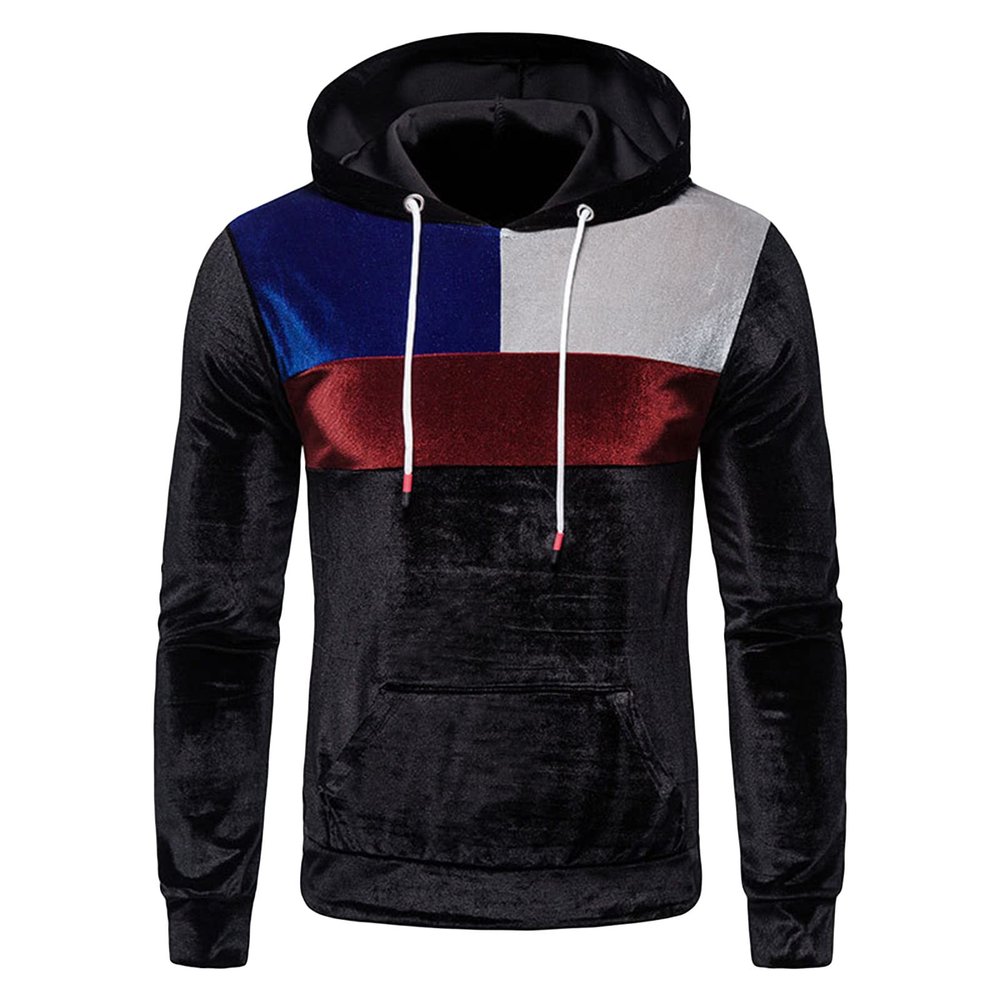 Maiyifu-GJ Men's Color Block Hooded Velour Jacket Casual Long Sleeve Velvet Velour Hoodies Retro Hip Hop Sweatshirt Pullover (Black,Medium)