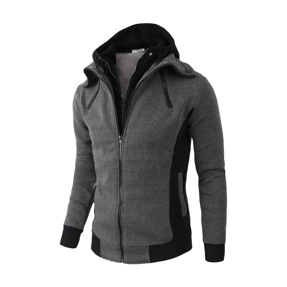 Men's Double Zipper Turtleneck Fleece Hoodie Lightweight Zip Up Hooded Jacket Long Sleeve Sweatshirt with Pocket (Dark Grey,XX-Large)
