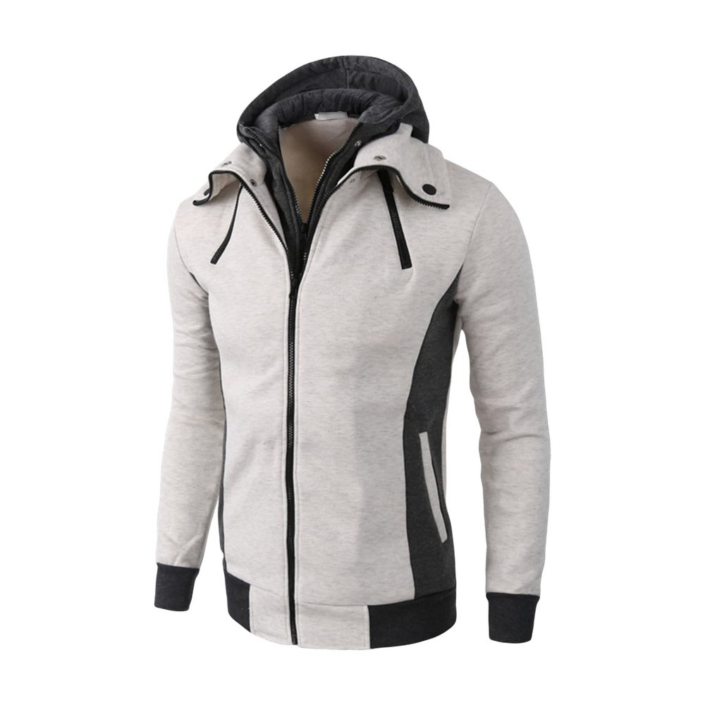 Maiyifu-GJ Men's Double Zipper Turtleneck Fleece Hoodie Lightweight Zip Up Hooded Jacket Long Sleeve Sweatshirt with Pocket (Light White,Large)