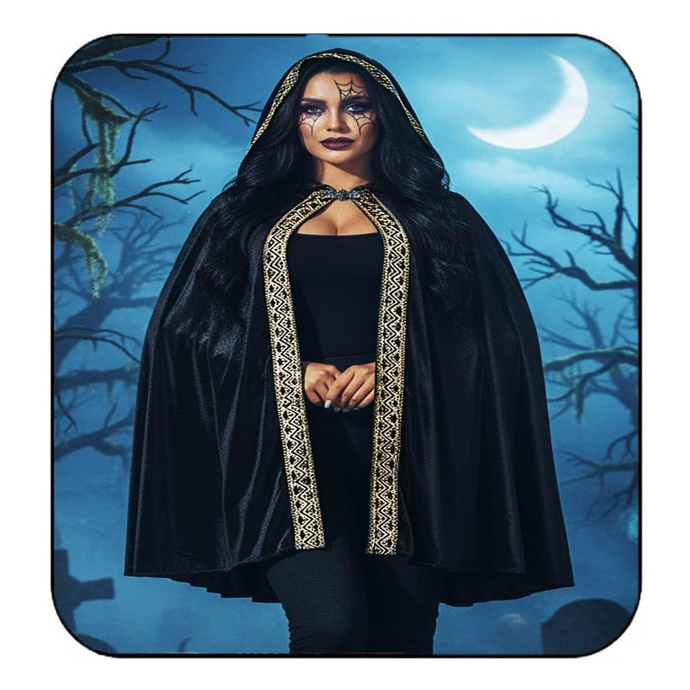 GORAIS Black Velvet Hooded Cloak Short Cape Halloween Cosplay Costume Cloaks for Women