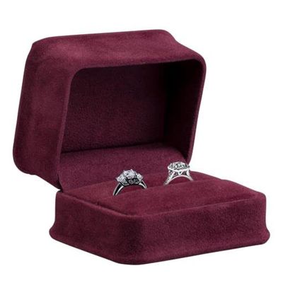 Allure - Rich Suede Burgundy Ring Box With Double Ring Slot, Elegant Diamond Ring Case, With Burgundy Velour Interior, Jewelry Display Gift Box, For Unique Proposal Or Wedding
