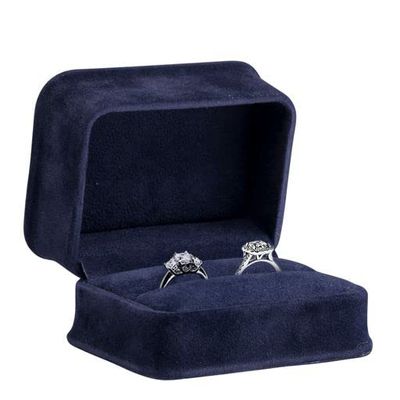 Allure - Rich Suede Navy Blue Luxury Ring Box With Double Ring Slot, Elegant Diamond Ring Case, With Blue Velour Interior, Jewelry Display Gift Box, For Unique Proposal Or Wedding