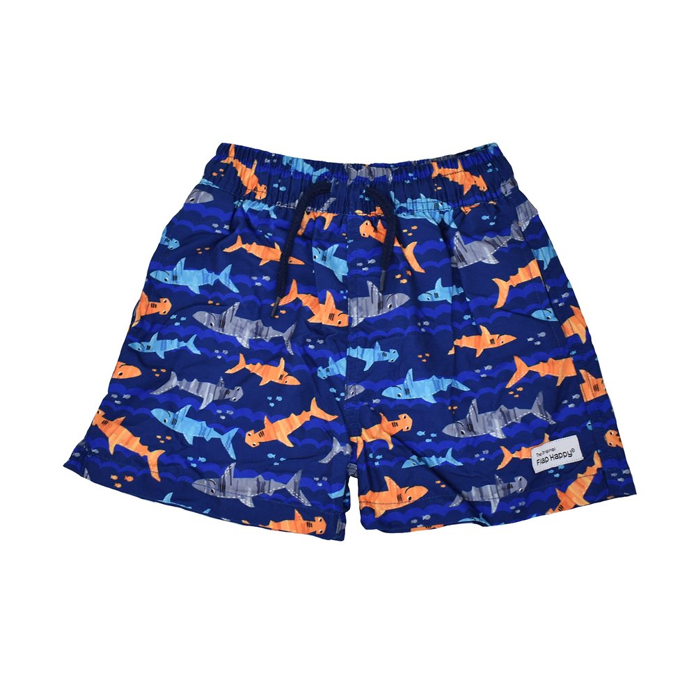 Flap Happy Baby Boys' Wesley Swim Trunks | Children's Swim Trunks with Mesh Liner | UPF 50+ Highest Certified UV Sun Protection, Artsy Sharks, 7