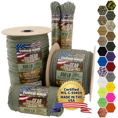 TOUGH-GRID 550 Paracord Rope Nylon Parachute Cord, Made in USA Survival Kit, Outdoor Adventures, Camping, Tactical Gear & Emergency Supplies, Military Type III Mil-Spec
