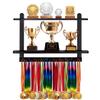 LAVIEVERT Wooden Medal Hanger & Trophy Shelf, Wall-Mounted Race Medal Display with 2 Tier Storage Shelf, Medal Holder Trophy Rack with 19 Hanging Bars - Black view 1