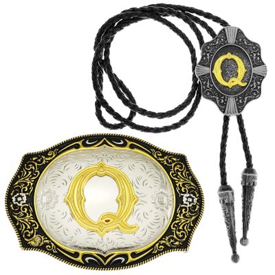 2 Pieces Belt Buckle Bolo Tie Small Set Golden Initial Letter A to Z Western Cowboy Costume Accessory for Men Women Q-