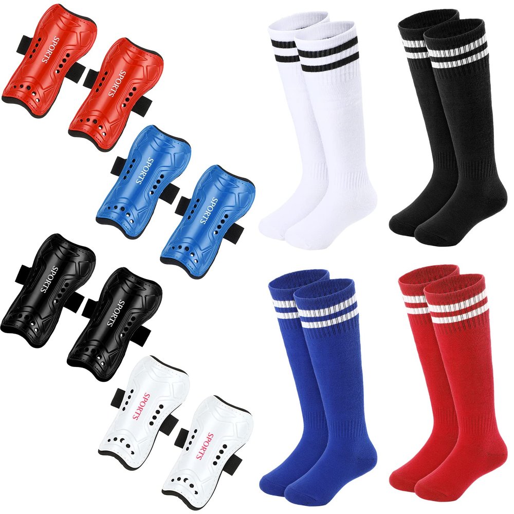 HyDren 4 Pairs Soccer Shin Guards for Youth Kids Toddler with 4 Pairs Striped Soccer Socks for 3-6 Years Old Boys Girl(White Black Red Blue)