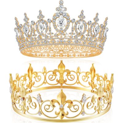 MTLEE 2 Pcs King and Queen Crowns for Men Women Metal Crystal Royal Tiara Crown for Homecoming Princess Bridegroom Bride Wedding Halloween(Gold, Vintage Style)