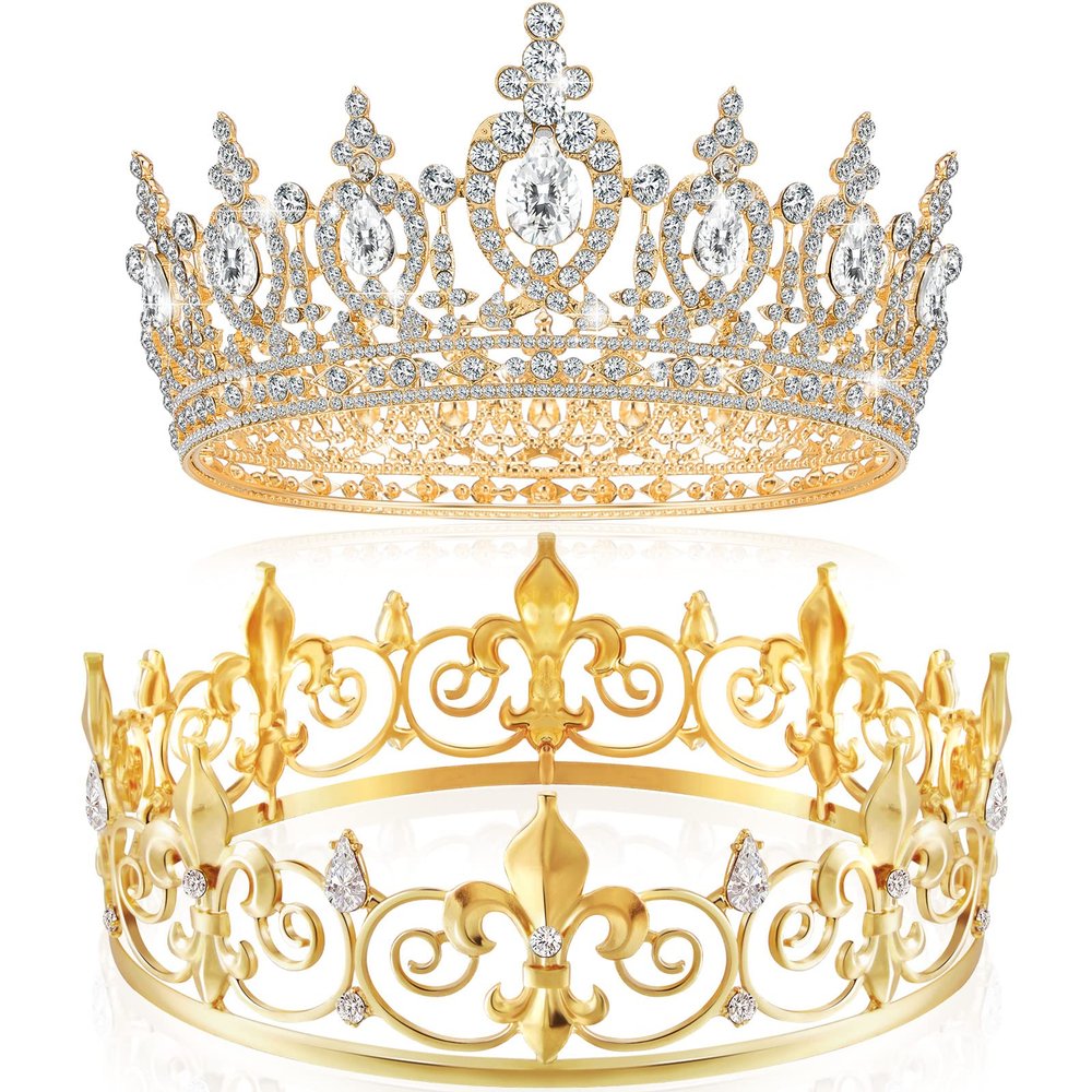 MTLEE 2 Pcs King and Queen Crowns for Men Women Metal Crystal Royal Tiara Crown for Homecoming Princess Bridegroom Bride Wedding Halloween(Gold, Vintage Style)