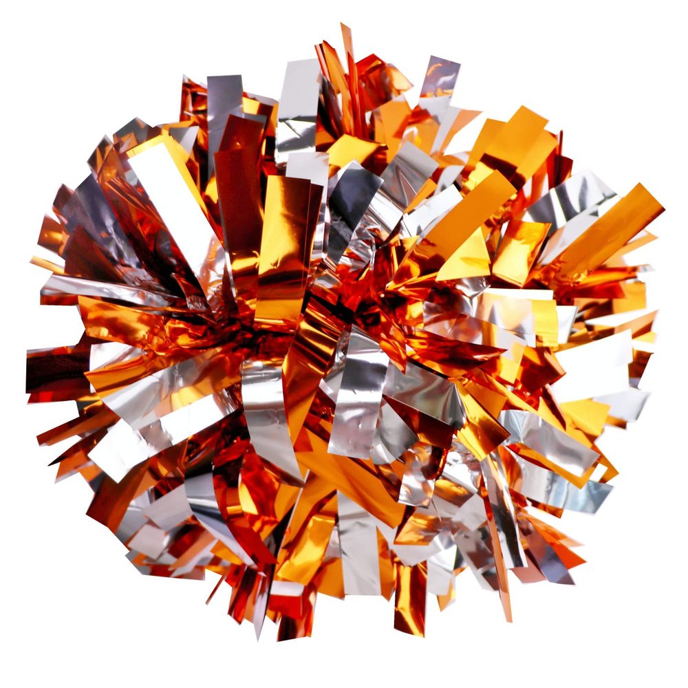 GUIFIER 2 Pieces 6 Inches Metallic Cheerleading Pom Poms with Baton Handle, Cheerleader Pom Poms, Metallic Pom Pom Cheer for Cheerleading Gifts, Sports Team Spirit Cheering (Orange and Silver)
