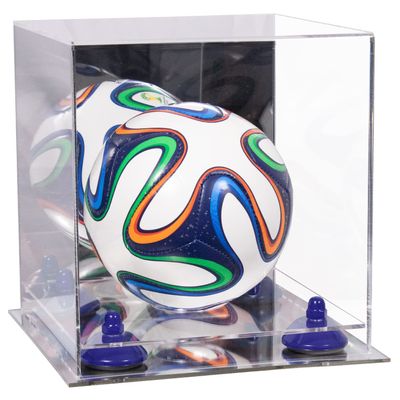 Better Display Cases Acrylic Mini - Miniature (not Full Size) Soccer Ball Display Case with Clear & Mirror Case, Dark Blue Risers and Mirror Base (B03/A015)