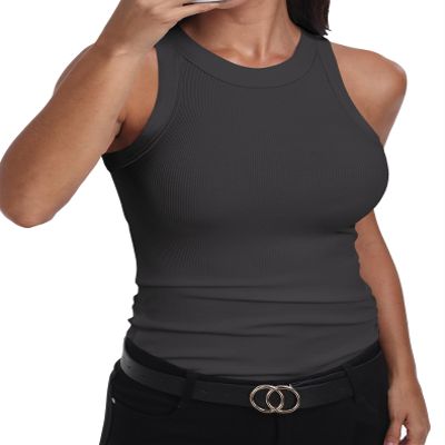GEMBERA Womens Sleeveless Racerback High Neck Basic Ribbed Knit Fitted Tank Top,Charcoal Dark Grey,XL