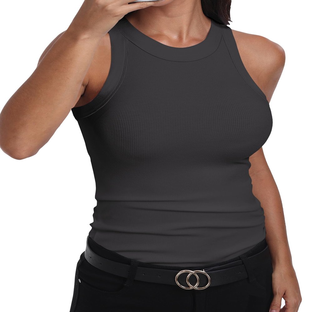 GEMBERA Womens Sleeveless Racerback High Neck Basic Ribbed Knit Fitted Tank Top,Charcoal Dark Grey,XL