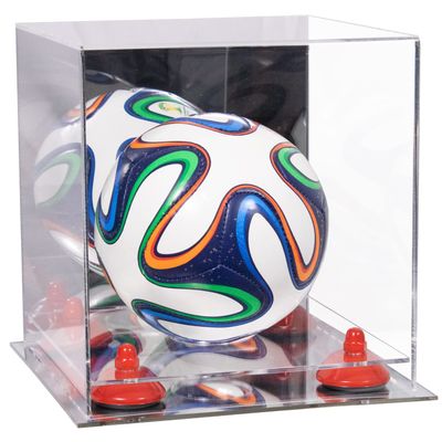 Better Display Cases Acrylic Mini - Miniature (not Full Size) Soccer Ball Display Case with Clear & Mirror Case, Red Risers and Mirror Base (B03/A015)