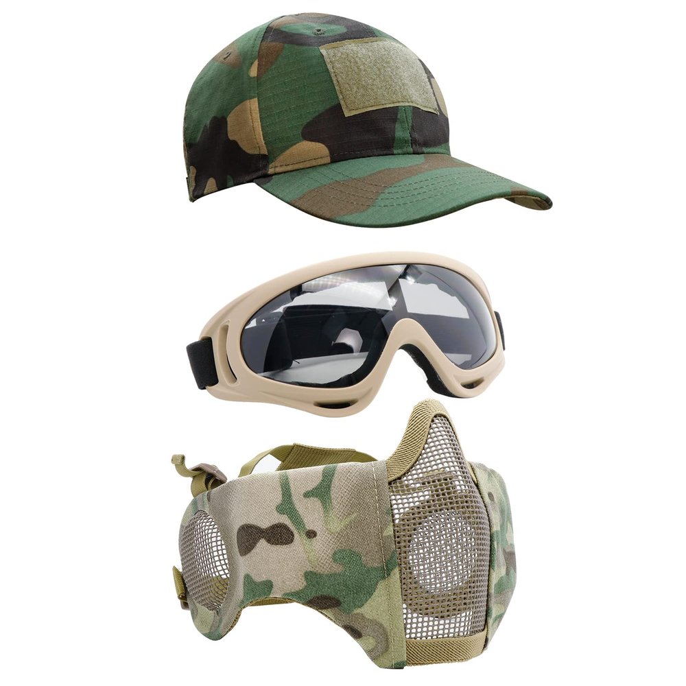 Airsoft Mask with Goggles, Foldable Half Face Airsoft Mesh Mask with Ear Protection for Paintball Shooting Cosplay CS Game (MA-WL)